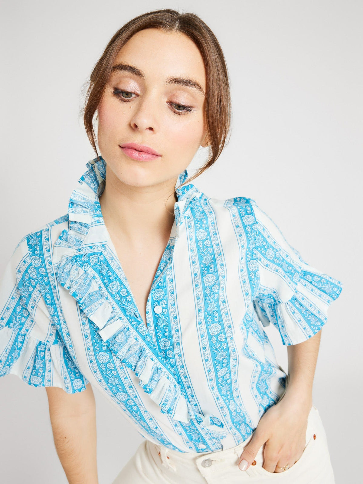 Vanessa Top in Aqua Jaipur Stripe